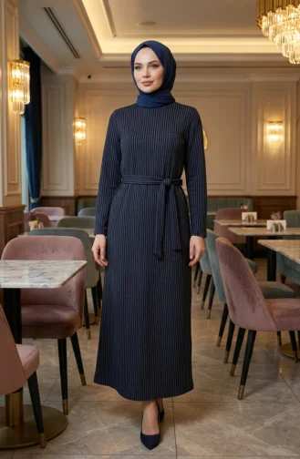 Gestreepte Hijabjurk Met Riem 2222A-02 Petrol 2222A-02