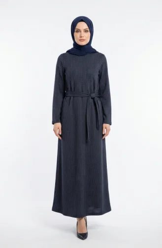 Gestreepte Hijabjurk Met Riem 2222A-02 Petrol 2222A-02