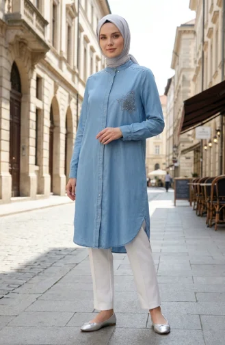 Tensel Kumaş Gizli Düğmeli Kot Tunik 3112-02 Açık Mavi