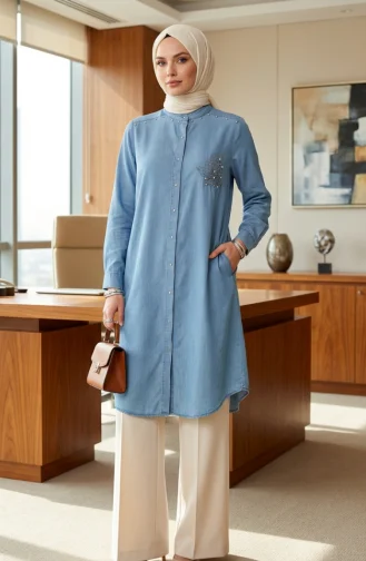 Tensel Kumaş Gizli Düğmeli Kot Tunik 3112-02 Açık Mavi