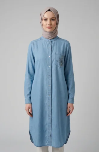 Tensel Kumaş Gizli Düğmeli Kot Tunik 3112-02 Açık Mavi
