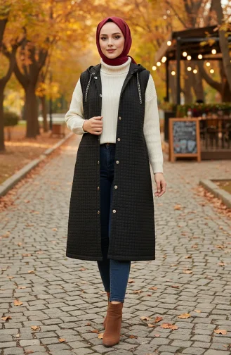 Hooded Buttoned Baklava Pattern Quilted Vest 51340-02 Black 51340-02