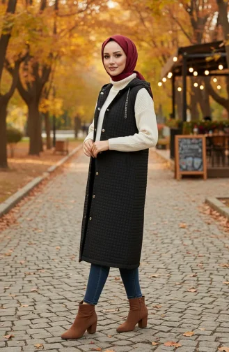Hooded Buttoned Baklava Pattern Quilted Vest 51340-02 Black 51340-02