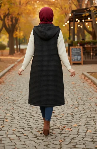 Hooded Buttoned Baklava Pattern Quilted Vest 51340-02 Black 51340-02