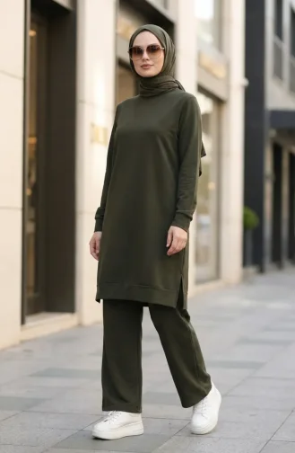 طقم رياضي بفتحة جانبية 3083-20 كاكي داكن 3083-20