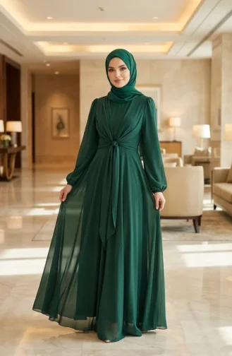 Robe De Soirée Modeste Ceinturée 5702-01 Vert émeraude 5702-01