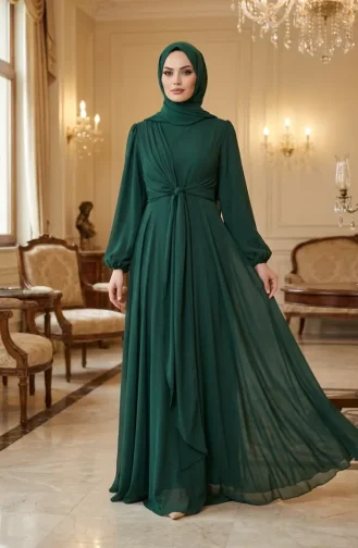 Robe De Soirée Modeste Ceinturée 5702-01 Vert émeraude 5702-01