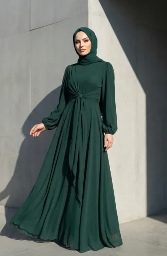 Robe De Soirée Modeste Ceinturée 5702-01 Vert émeraude 5702-01