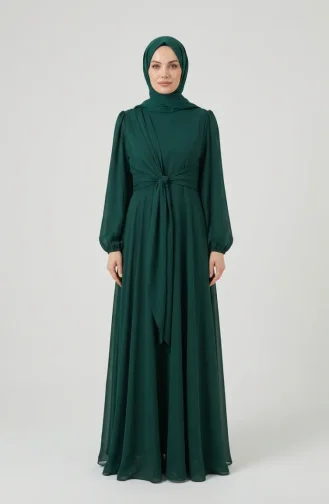 Robe De Soirée Modeste Ceinturée 5702-01 Vert émeraude 5702-01