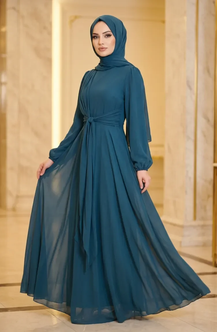 Robe De Soirée Sobre Ceinturée 5702-02 Pétrole 5702-02