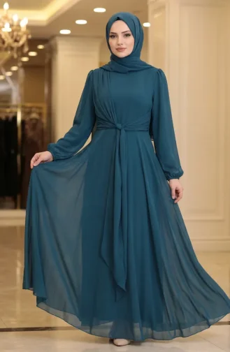 Robe De Soirée Sobre Ceinturée 5702-02 Pétrole 5702-02