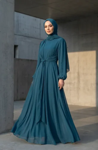 Robe De Soirée Sobre Ceinturée 5702-02 Pétrole 5702-02