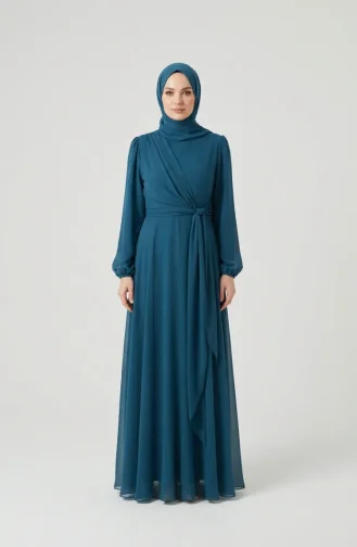 Robe De Soirée Sobre Ceinturée 5702-02 Pétrole 5702-02