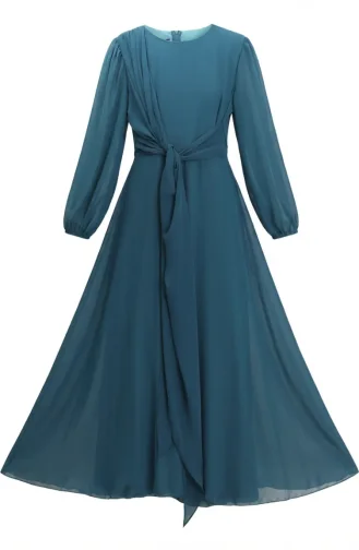 Robe De Soirée Sobre Ceinturée 5702-02 Pétrole 5702-02