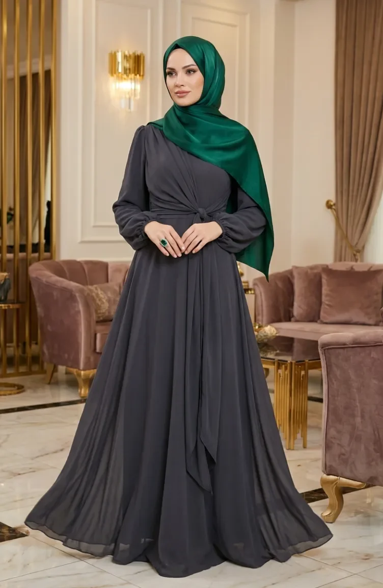 فستان سهرة محتشم بحزام 5702-03 أنثراسيت 5702-03