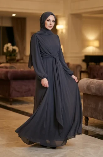 فستان سهرة محتشم بحزام 5702-03 أنثراسيت 5702-03