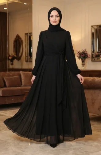 Robe De Soirée Sobre Ceinturée 5702-04 Noire 5702-04