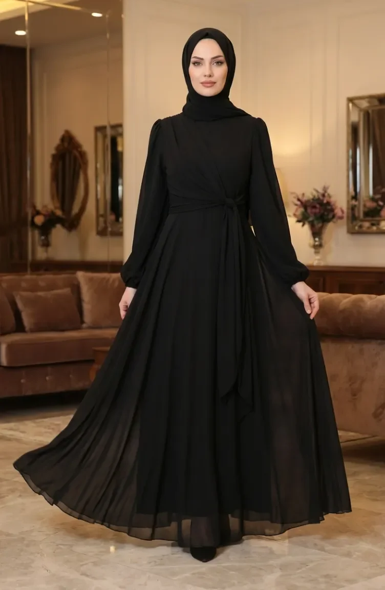 Robe De Soirée Sobre Ceinturée 5702-04 Noire 5702-04