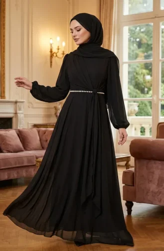 Robe De Soirée Sobre Ceinturée 5702-04 Noire 5702-04