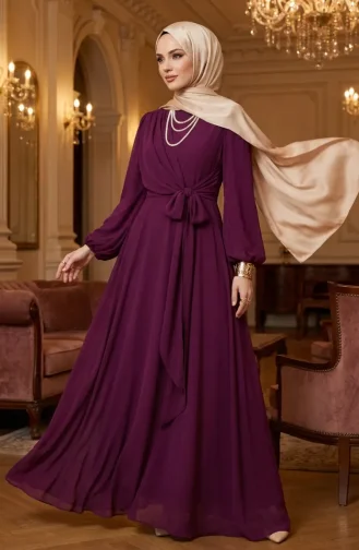 Belted Modest Evening Dress 5702-05 Plum 5702-05