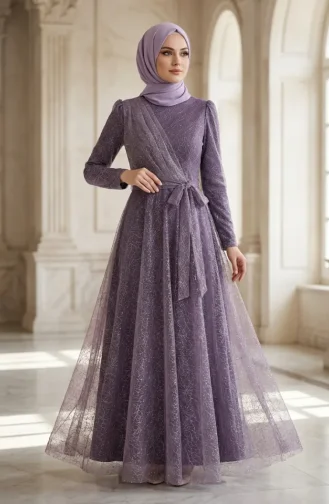 Robe De Soirée Hijab Ceinturée En Tulle Pailleté 5704-01 Lilas 5704-01