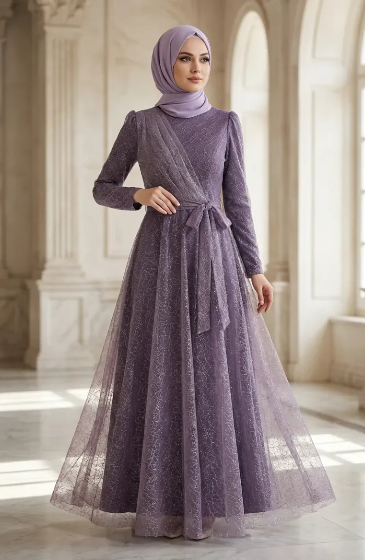 Robe De Soirée Hijab Ceinturée En Tulle Pailleté 5704-01 Lilas 5704-01