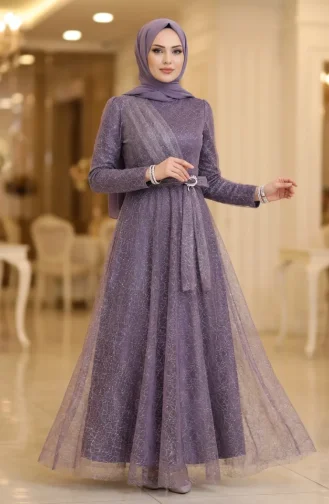 Robe De Soirée Hijab Ceinturée En Tulle Pailleté 5704-01 Lilas 5704-01