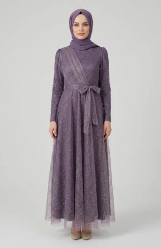 Robe De Soirée Hijab Ceinturée En Tulle Pailleté 5704-01 Lilas 5704-01