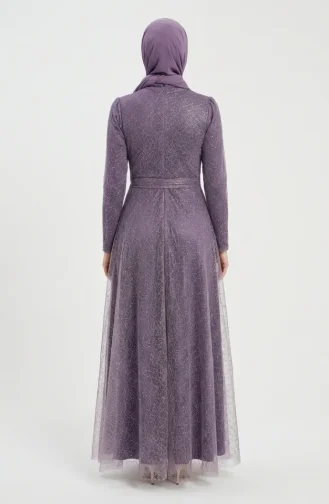 Robe De Soirée Hijab Ceinturée En Tulle Pailleté 5704-01 Lilas 5704-01