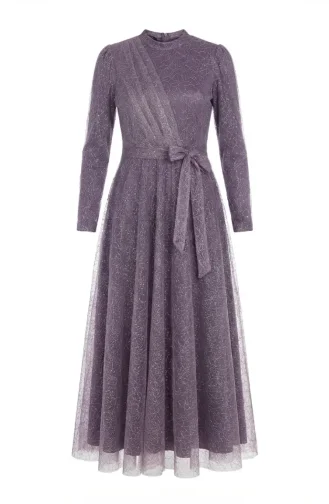 Robe De Soirée Hijab Ceinturée En Tulle Pailleté 5704-01 Lilas 5704-01