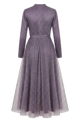 Robe De Soirée Hijab Ceinturée En Tulle Pailleté 5704-01 Lilas 5704-01
