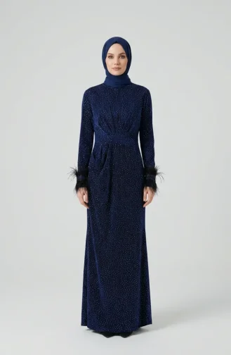 Glitterende Avondjurk Met Gedrapeerde Hijab En Veren Model 5705-02 Marineblauw 5705-02