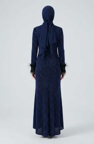 Glitterende Avondjurk Met Gedrapeerde Hijab En Veren Model 5705-02 Marineblauw 5705-02
