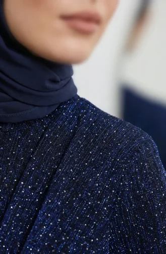 Glitterende Avondjurk Met Gedrapeerde Hijab En Veren Model 5705-02 Marineblauw 5705-02