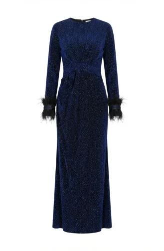 Glitterende Avondjurk Met Gedrapeerde Hijab En Veren Model 5705-02 Marineblauw 5705-02