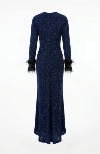 Glitterende Avondjurk Met Gedrapeerde Hijab En Veren Model 5705-02 Marineblauw 5705-02