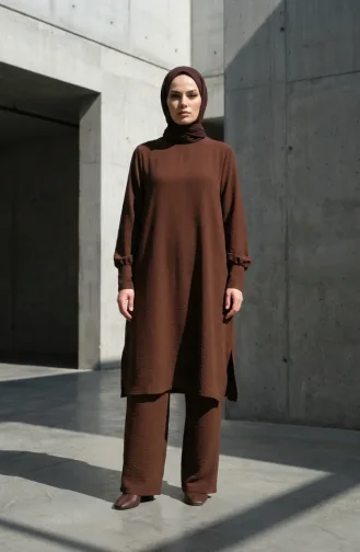 طقم من قطعتين من قماش أيروبين، يتكون من تونيك وبنطال، رقم الموديل 4144-02، لون بني 4144-02