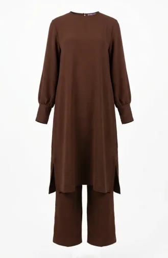 طقم من قطعتين من قماش أيروبين، يتكون من تونيك وبنطال، رقم الموديل 4144-02، لون بني 4144-02