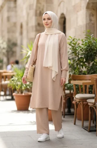Ensemble Deux Pièces Tunique Et Pantalon En Tissu Aerobin 4144-06 Beige 4144-06
