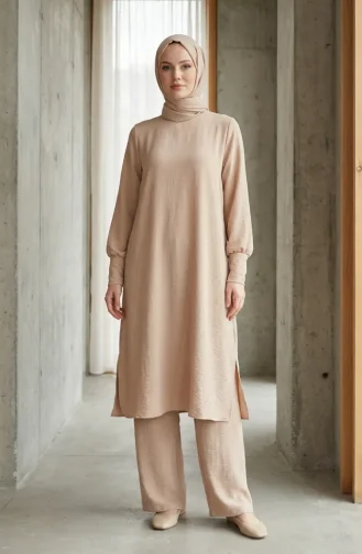 Ensemble Deux Pièces Tunique Et Pantalon En Tissu Aerobin 4144-06 Beige 4144-06