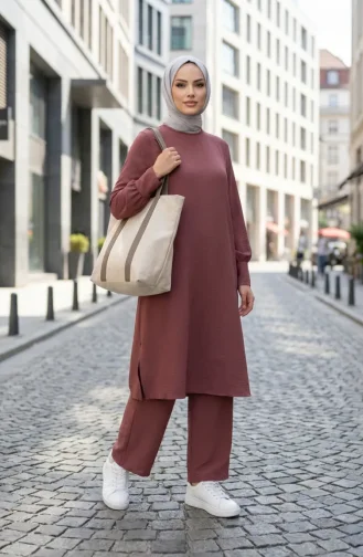 Aerobin Kumaş Tunik Pantolon İkili Takım 4144-09 Gül Kurusu