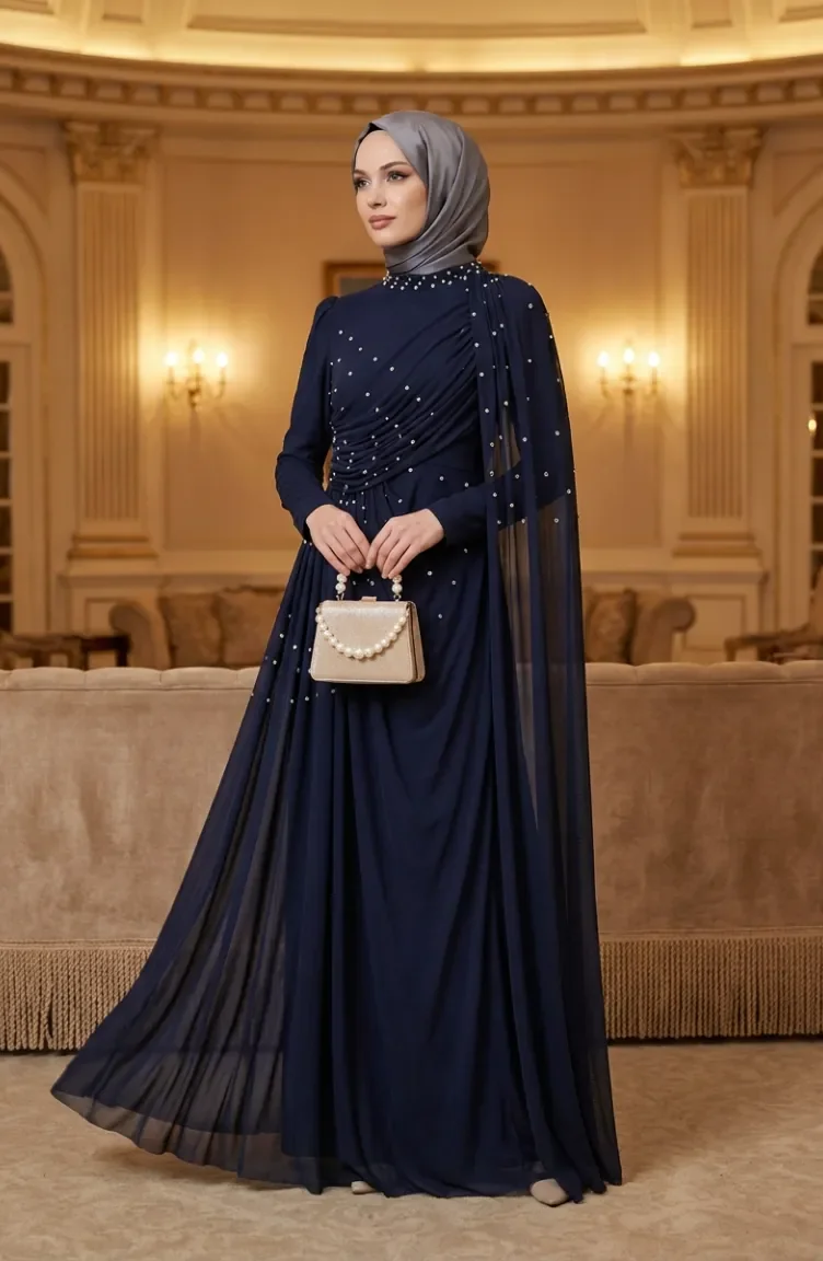 Taş İşlemeli Drape Detaylı Tesettür Abiye Elbise 5700-01 Lacivert