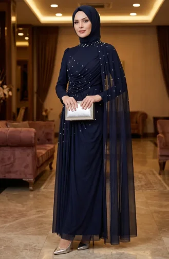 Taş İşlemeli Drape Detaylı Tesettür Abiye Elbise 5700-01 Lacivert