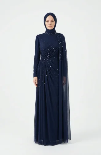 Taş İşlemeli Drape Detaylı Tesettür Abiye Elbise 5700-01 Lacivert