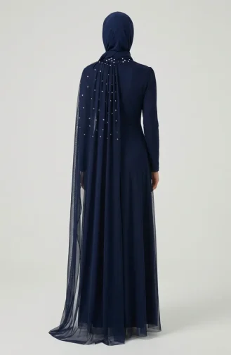 Taş İşlemeli Drape Detaylı Tesettür Abiye Elbise 5700-01 Lacivert