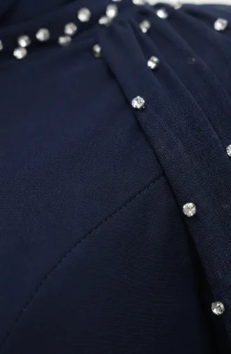 Taş İşlemeli Drape Detaylı Tesettür Abiye Elbise 5700-01 Lacivert