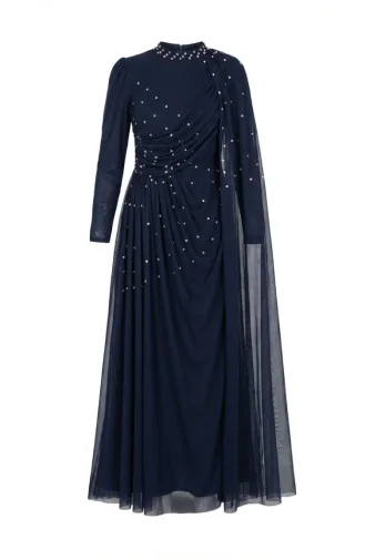 Taş İşlemeli Drape Detaylı Tesettür Abiye Elbise 5700-01 Lacivert