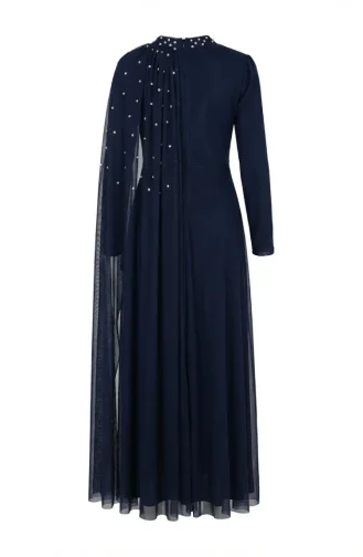 Taş İşlemeli Drape Detaylı Tesettür Abiye Elbise 5700-01 Lacivert