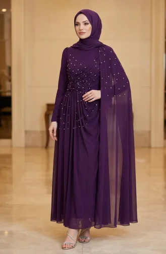 فستان سهرة محجب مزين بأحجار كريمة وتفاصيل ثنيات، 5700-03، بنفسجي 5700-03