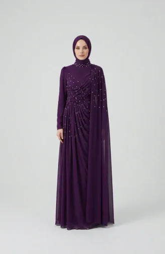 فستان سهرة محجب مزين بأحجار كريمة وتفاصيل ثنيات، 5700-03، بنفسجي 5700-03